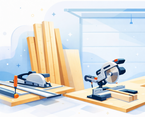 Garage als Werkstatt vorbereitet – Holzplatten und Balken, Zuschnitt mit Tauchsäge und Kappzugsäge für den Bau einer Werkbank