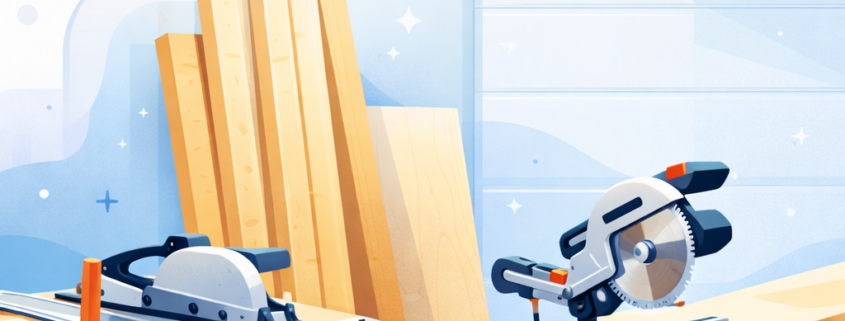 Garage als Werkstatt vorbereitet – Holzplatten und Balken, Zuschnitt mit Tauchsäge und Kappzugsäge für den Bau einer Werkbank