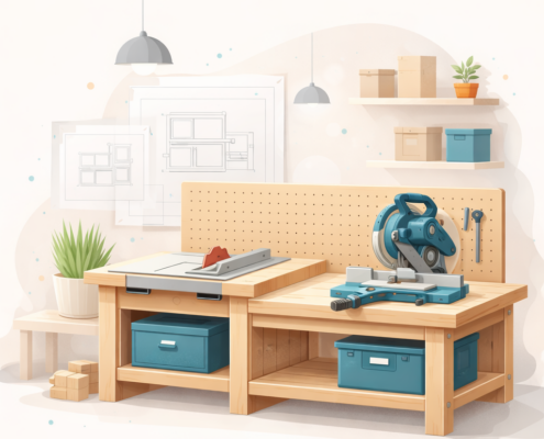 Moderne, minimalistische Illustration einer modularen Werkbank aus Holz mit integrierter Tischkreissäge und Kappsäge, dargestellt in einer aufgeräumten Werkstatt mit klaren Linien und dezenten Farbakzenten.