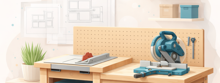 Moderne, minimalistische Illustration einer modularen Werkbank aus Holz mit integrierter Tischkreissäge und Kappsäge, dargestellt in einer aufgeräumten Werkstatt mit klaren Linien und dezenten Farbakzenten.