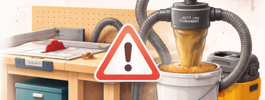 Stilisierte Illustration einer Werkbank in der Garage mit Tischkreissäge und Staubabsaugung über Zyklon-Abscheider, die ein Problem mit Saugleistung und Holzstaub symbolisiert.